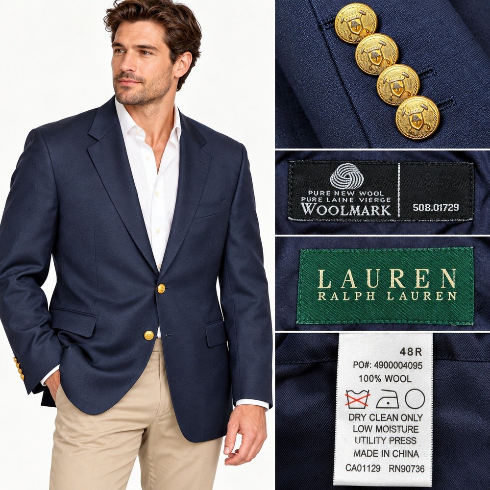Lauren Ralph Lauren Blazer Mens 48R Navy Blue Wool Gold Crest Button